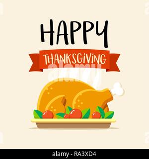 Happy Thanksgiving Day vektor Grußkarte mit der Türkei an der Platte. Flache feier Abbildung Stock Vektor
