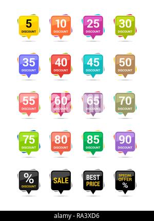 Verkauf Rabatt quadratische Symbole. Angebot Preis Zeichen. Von 5 bis 90 Prozent Verringerung Symbole. Farbige Vektor flache Elemente Abzeichen Stock Vektor