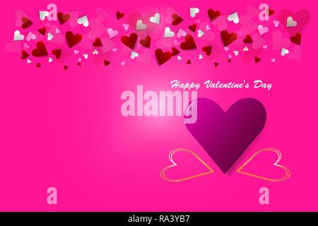 Ein rosa Herzen und zwei goldene Rahmen Herzen sind auf der rechten Seite des Vektors. Viele kleine Herzen sind oben über ihnen. Alles ist auf eine trendige rosa Hintergrund. Stock Vektor