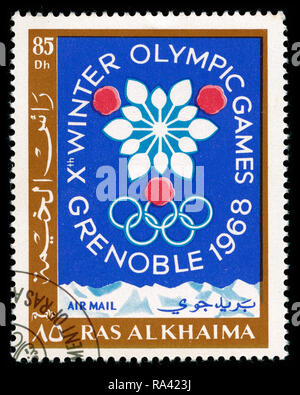 Briefmarke aus Ras Al Khaimah in den Vereinigten Arabischen Emiraten im Winter Olympics 1968, Grenoble 1967 ausgestellt Stockfoto