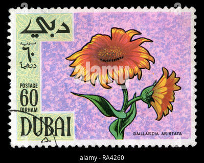 Briefmarke von Dubai in den Vereinigten Arabischen Emiraten in den Blumen Serie 1968 ausgestellt Stockfoto