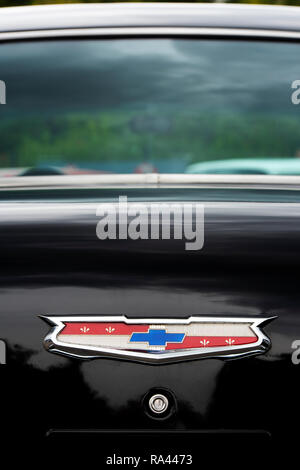 1957 Chevrolet Bel Air. Chevy. Stamm und Abzeichen. Classic American Auto Stockfoto