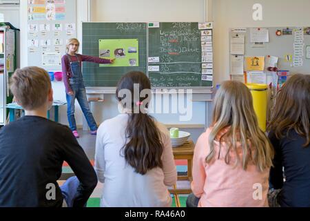 Schülerin an der Tafel eine Präsentation zu Kommilitonen, Grundschule, Niedersachsen, Deutschland Stockfoto