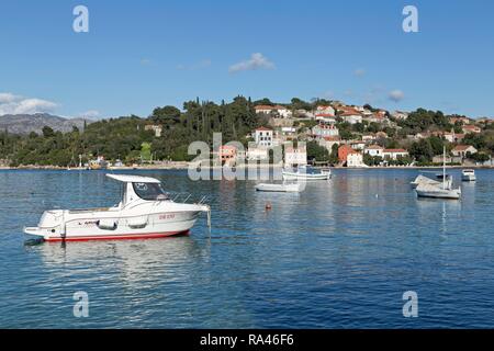 Boote, Küstenstadt Donje Celo, Kolocep Insel, Elaphiten, Dalmatien, Kroatien Stockfoto