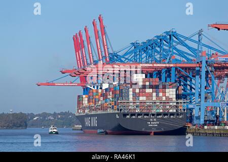 Geladene Fracht Schiff im Hafen, Container Terminal Burchardkai, Waltershof, Hamburg, Deutschland Stockfoto