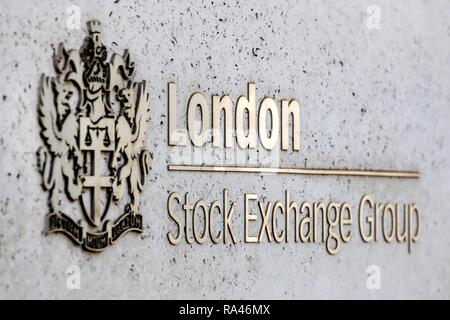 Logo der London Stock Exchange, London Stock Exchange, Financial District, London, Vereinigtes Königreich Stockfoto