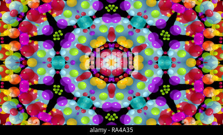 Abstrakte Farbenfrohe symmetrische Muster Dekorative dekorative Kaleidoskop Bewegung geometrischen Formen Kreis und Star Stockfoto