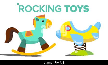 Rocking Spielzeug Vektor. Pferd, Ebene. Kind, Kinderspielplatz. Isolierte flache Cartoon Illustration Stock Vektor