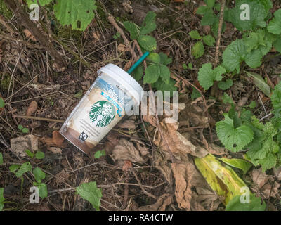 Abgenutzte Starbucks Kaffee Tasse zum Mitnehmen aus Kunststoff in Cornwall Hecke am Straßenrand gesehen verworfen. Krieg auf Kunststoff, Kunststoff Umweltverschmutzung, die Umwelt zu belasten. Stockfoto