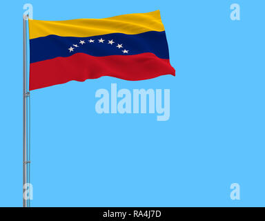 Flagge Venezuela auf dem Fahnenmast im Wind flattern auf reinen blauen Hintergrund, 3D-Rendering Stockfoto