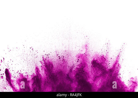 Freeze Motion von bunt bemalten Pulver explodierende für den Hintergrund. Abstrakte Gestaltung von lila Farbe staubwolke. Lila Partikel Explosion. Spritzer Stockfoto