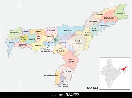 Administrative und politische Karte von indischen Bundesstaat Assam, Indien Stock Vektor