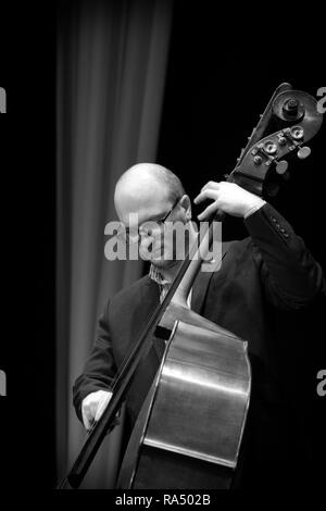 Sandy Suchodolski soloing am Kontrabass mit Klarinette Maestros, Scarborough Jazz Festival 2017 Stockfoto