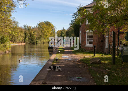 Die Stop-Haus und günstig narrowboats auf dem braunston Marina und Wharf, Grand Union Canal Braunston, Northamptonshire, England, Großbritannien Stockfoto