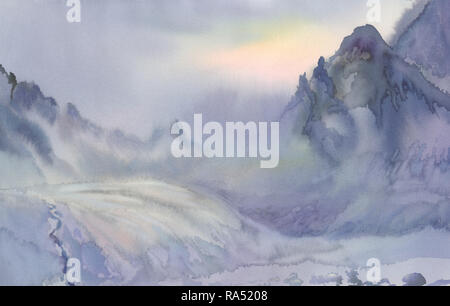 Winter in den Bergen aquarell Landschaft. Misty Morning mit Schnee Stockfoto