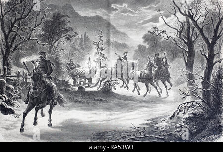 Digital verbesserte Reproduktion, nächtlichen Aufstieg von König Ludwig II., Bayern, Deutschland, in der King's sleigh, nächtliche Bergfahrt von König Ludwig II., im Königsschlitten, Bayern, Deutschland, von einer ursprünglichen Drucken aus dem Jahr 1865, aus dem 19. Jahrhundert, Stockfoto