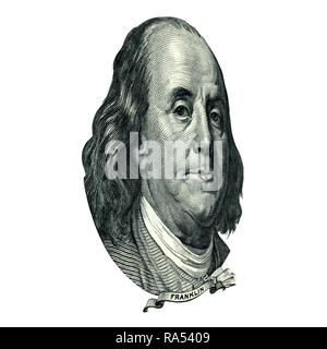 Portrait von US-Staatsmann, Erfinder, Diplomat und Benjamin Franklin, wie er schaut, auf hundert Dollar bill Vorderseite. Foto in einem Winkel von 45 Grad. Stockfoto