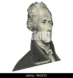 Erste Finanzminister Alexander Hamilton. Qualitative Portrait von 10 Dollar Banknote isolater weißen Hintergrund. Foto in einem Winkel von 15 Degre Stockfoto