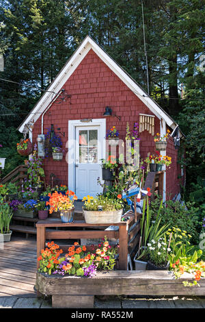 Ein kleines hölzernes Haus und Garten entlang der Promenade am Hammer Slough in Petersburg, Mitkof Insel, Alaska. Petersburg angesiedelt, die von norwegischen Immigranten Peter Buschmann ist so wenig Norwegen aufgrund der hohen Prozentsatz der Bevölkerung skandinavischer Herkunft bekannt. Stockfoto