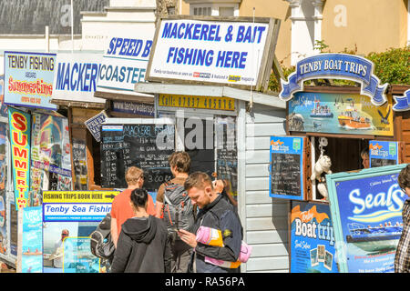 TENBY, Pembrokeshire, Wales - AUGUST 2018: Leute, die auf der Suche nach Zeichen und Informationen auf Angeltouren und Bootsfahrten durch lokale Boot Operatoren in Angeboten Stockfoto