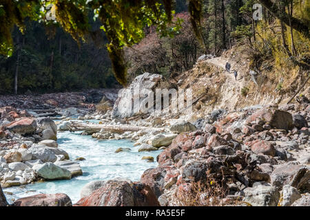 Wanderer zu Fuß neben einem Eiszeitlichen Fluss auf der Manaslu Circuit trek, Nepal Himalaya Stockfoto