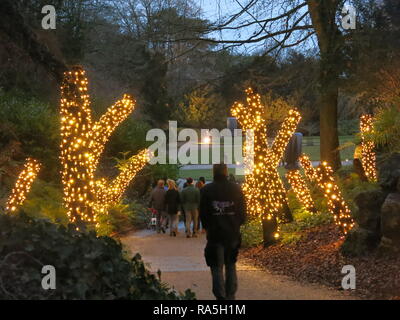 Winter Besucher genießen Sie die festliche Beleuchtung und Licht trail auf dem Gelände des Waddesdon Manor, Weihnachten 2018 Stockfoto