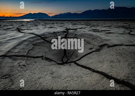 Risse, ausgetrockneten Boden mit kleinen Wasser- und Allgäuer Alpen im Hintergrund, Forggensee, Füssen, Ostallgäu, Bayern Stockfoto