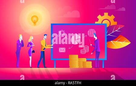 Flache junge erfolgreiche Geschäft Leute, Bericht oder eine Präsentation Vector Illustration. Financial Business Analyse, Audit, Hobeln Konzept. Stock Vektor