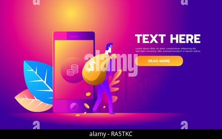 Geschäftsmann mit einem Beutel mit Geld. Konzept der Reichtum und Erfolg. Isoliert. Vektor Stock Vektor