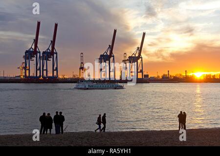 Die Menschen am Ufer vor der gantry cranes, Container Terminal Burchardkai, Hamburg-Port, Hamburg, Hamburg, Deutschland Stockfoto