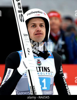 Garmisch Partenkirchen, Deutschland. 01 Jan, 2019. Skispringen: Vierschanzentournee, große Hügel, meine Herren. , Skispringer Simon Ammann aus der Schweiz, reagiert, in der 2. Credit: Daniel Karmann/dpa/Alamy leben Nachrichten Stockfoto