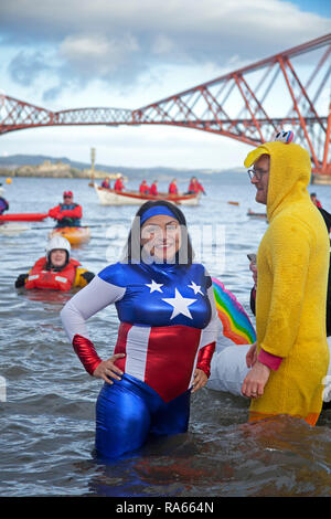 South Queensferry, Edinburgh, Schottland, Großbritannien. 01. Januar 2019. Queensferry neues Jahr Loony Dook, die jährlichen Bad im Firth von weiter im Schatten der weltberühmten Forth Rail Bridge. Erfolgt am dritten Tag der Edinburgh Hogmany ins neue Jahr feiern. Maximale Kapazität Masse Stockfoto