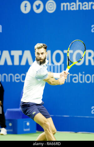 Pune, Indien. 1. Januar 2019. Benoit Paire von Frankreich in Aktion in der ersten Runde der Konkurrenz singles bei Tata Open Maharashtra ATP Tennis Turnier in Pune, Indien. Credit: karunesh Johri/Alamy leben Nachrichten Stockfoto