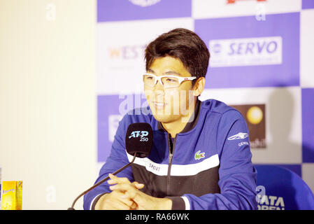 Pune, Indien. 1. Januar 2019. Hyeon Chung von Südkorea spricht mit der Presse an Tata Open Maharashtra ATP Tennis Turnier in Pune, Indien. Credit: karunesh Johri/Alamy leben Nachrichten Stockfoto