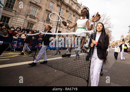 Tennis Player Bildnisse am Tag der Londoner New Year's Parade, UK. London Borough von Merton begrüßt die Welt, Wimbledon Thema zahlen Stockfoto