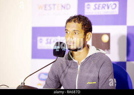 Pune, Indien. 1. Januar 2019. Ramkumar Ramanathan von Indien spricht mit der Presse, nachdem er seine erste Runde bei Tata Open Maharashtra ATP Tennis Turnier in Pune, Indien. Credit: karunesh Johri/Alamy leben Nachrichten Stockfoto