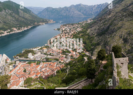 Blick auf die Bucht von Kotor von den Zinnen der Burg und Festung über Kotor, Montenegro Stockfoto