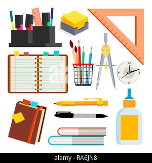 Schreibwaren Symbole Vektor. Kugelschreiber, Bleistift, Notebook, Herrscher. Isolierte flache Cartoon Illustration Stock Vektor