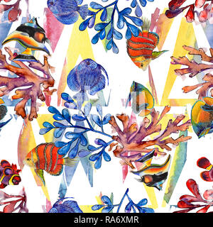 Aquarell aquatische Unterwasser bunten tropischen Fischen Abbildung. Nahtlose Muster. Stockfoto