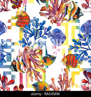 Aquarell aquatische Unterwasser bunten tropischen Fischen Abbildung. Nahtlose Muster. Stockfoto