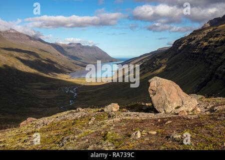 Blick von Mjóafjarðarheiði Pass zum Fjord Mjóifjörður, Osten Fjorde, Island Stockfoto