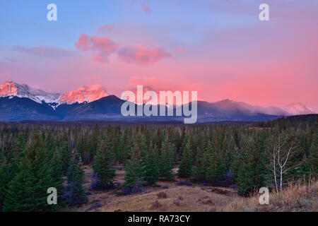 Eine horizontale Querformat der Alberta Rocky Mountains am frühen Morgen Alpenglow Licht in der Nähe von Brule Alberta Kanada, Stockfoto