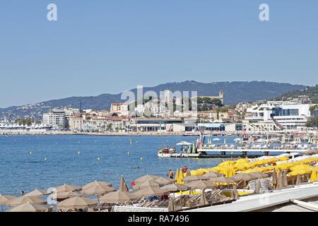 Blick von der Strandpromenade an der Altstadt, Cannes, Côte d'Azur, Provence - Alpes - Côte d'Azur, Frankreich Stockfoto