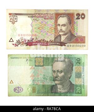 20 ukrainische Griwna, alte und neue Banknote Stockfoto