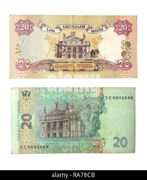 20 ukrainische Griwna, alte und neue Banknote Stockfoto