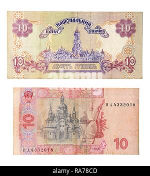 10 ukrainische Griwna, alte und neue Banknote Stockfoto