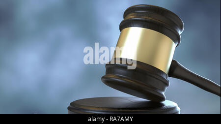 Holz Richter Hammer und dramatische Wolkenhimmel Hintergrund. Hammer mit goldenen Detail. Konzepte von Recht und juristische Dienstleistungen. Close Up, 3D-Rendering Stockfoto