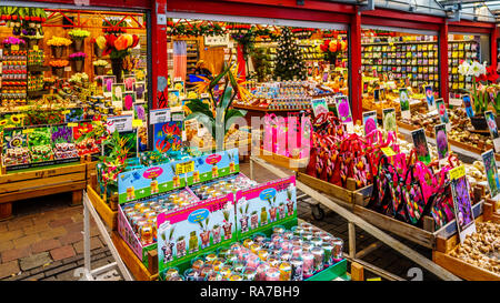 Souvenirläden an der berühmten Bloemenmarkt (Blumenmarkt) entlang der Singel Kanal im Zentrum von Amsterdam in den Niederlanden Stockfoto