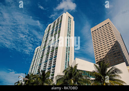 Hotel business Gebäude mit Palmen an bewölkten Himmel Hintergrund in Miami, USA. Luxury Resort und Sommerurlaub. Reisen und Reisen Konzept Stockfoto