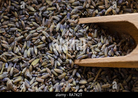 Nahaufnahme von getrocknetem Lavendel Knospen mit hölzernen Schaufeln.. Pflanzliche Hintergrund. Stockfoto